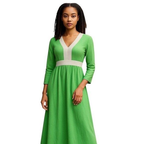 Jones 3/4 Sleeve Maxi Dress Green Size 8 Vintage Retro Minimalist 60s Mod Boho - Picture 1 of 15